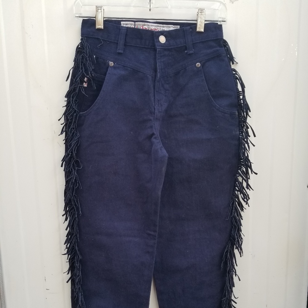 sold!! 80s JOUJOU Fringed BLACK Denim Jeans Womens SMALL High Waist 26"